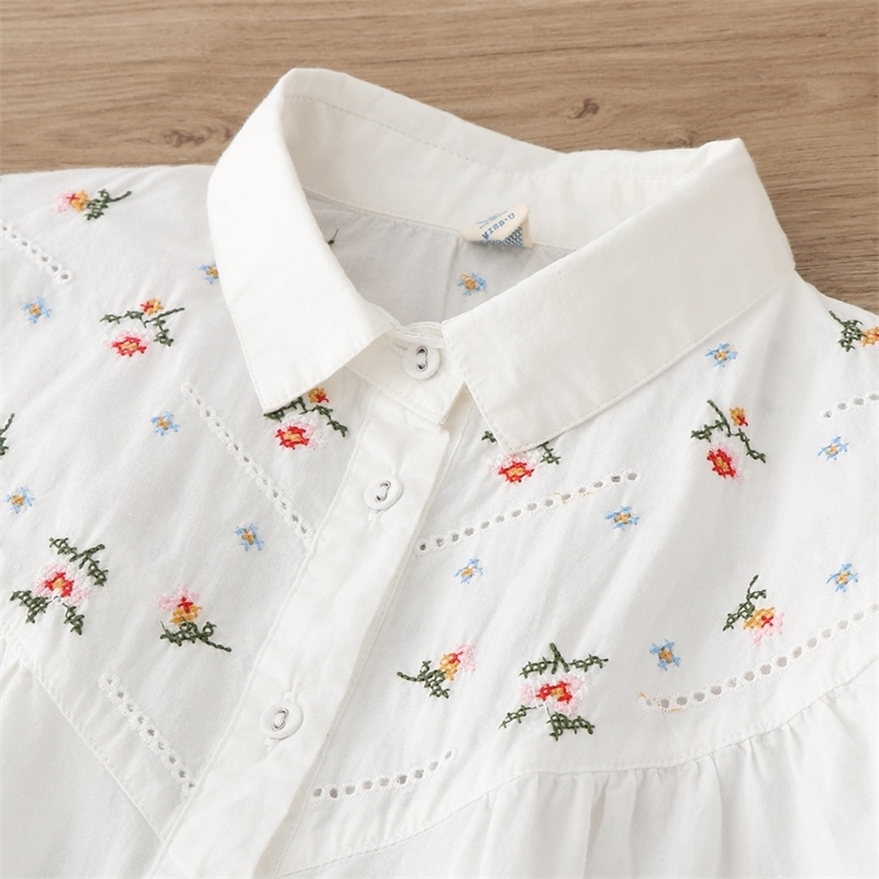 Lamtrip Flowers Embroidery Plaid White Cotton Long Sleeve Shirt Blouse Mori Girl 210225