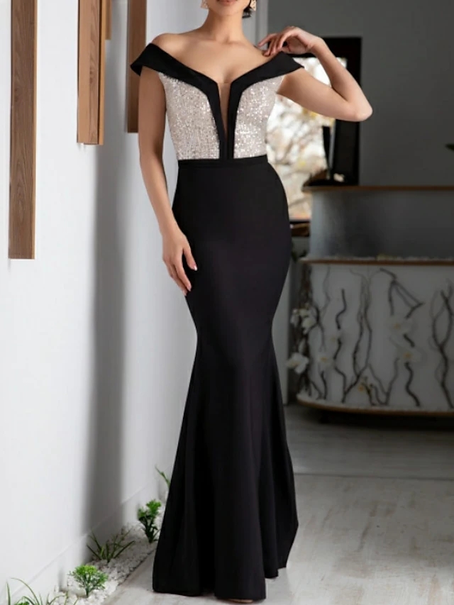 Black Engagement Formal Evening Dress Off the Shoulder Floor Length Satin Prom Party Gown 2022 Top Sequin Abendkleider robe de soiree vestidos fiesta