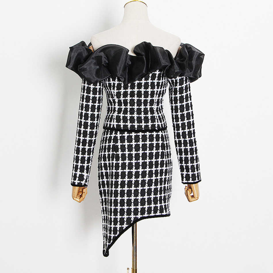 Summer Ladies Sexy 2-Piece Set Strapless Ruffled Double-Breasted Tweed Short Jacket + Irregular Skirt Fashion Suit 210527