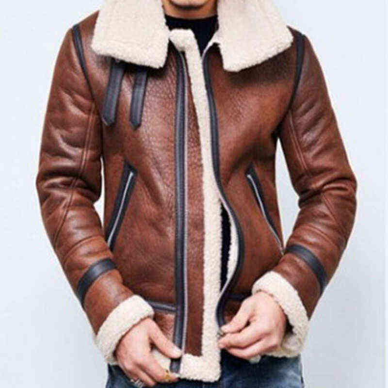 Warm Men Winter Fur Belt Faux Leather Jacket High Neck Shearling Coat Wool Lining Long Sleeve Mens Leather Bomber Winter Coats 211111