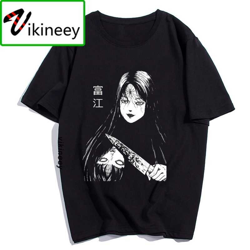 Men Clothes Junji Ito Print Man's T-shirt Harajuku Short Streetwear Aesthetic Anime Shirt Cotton Black Tshirt 210629