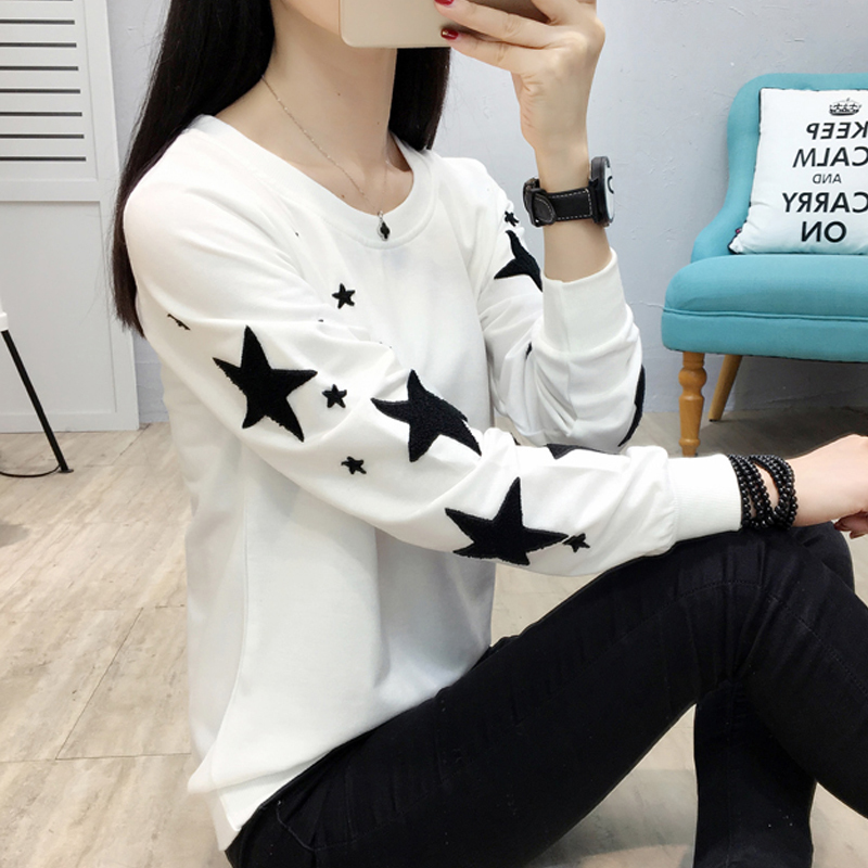 Hoodie Womens Autumn Korean Embroidered Stars Fashion Women Sweatshirt Plus Size O-Neck Blouse Long Sleeve Pullover Clothes 201212