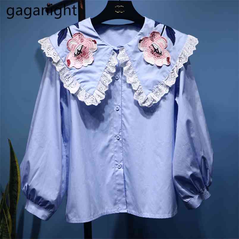 Korean Peter Pan Collar Lace Embroidery Flowers Blouses Lantern Sleeve Women Tops Fashion Loose Sweet Shirt Students 210601