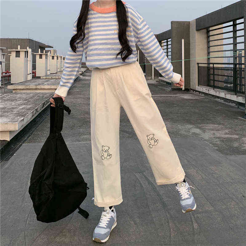 Japanese Kawaii Women Harajuku Korean Teen Girls Loose Thin Bear Embroidery Pants Wild Casual Female Cute Small Fresh Pant 211115