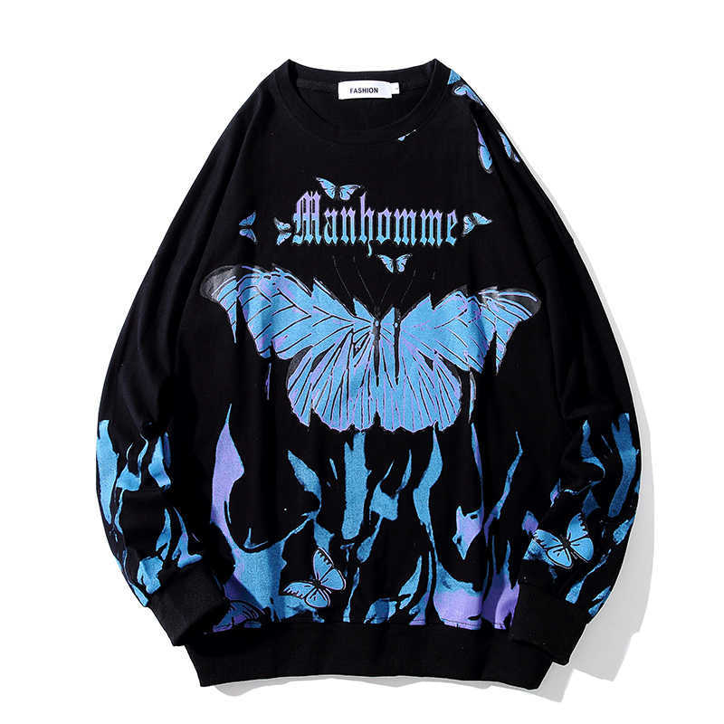 Butterfly Fire Flame Print sweatshrit men Streetwear Hip Hop Casual long Sleeve pullover Men Harajuku Hipster Fashion Tops 210924