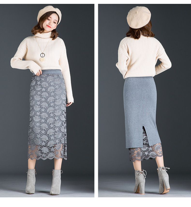 Autumn and long section jupe femme two sides wearing lace midi split bag hip wool winter skirt 210309