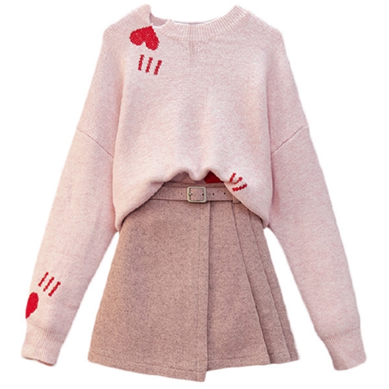 Preppy Style Loose Knitting Heart Pattern Sweater Top Sashes Wool Aline Mini Skirt Women Trendy 2 Piece Set Pink Skirt Set T200325