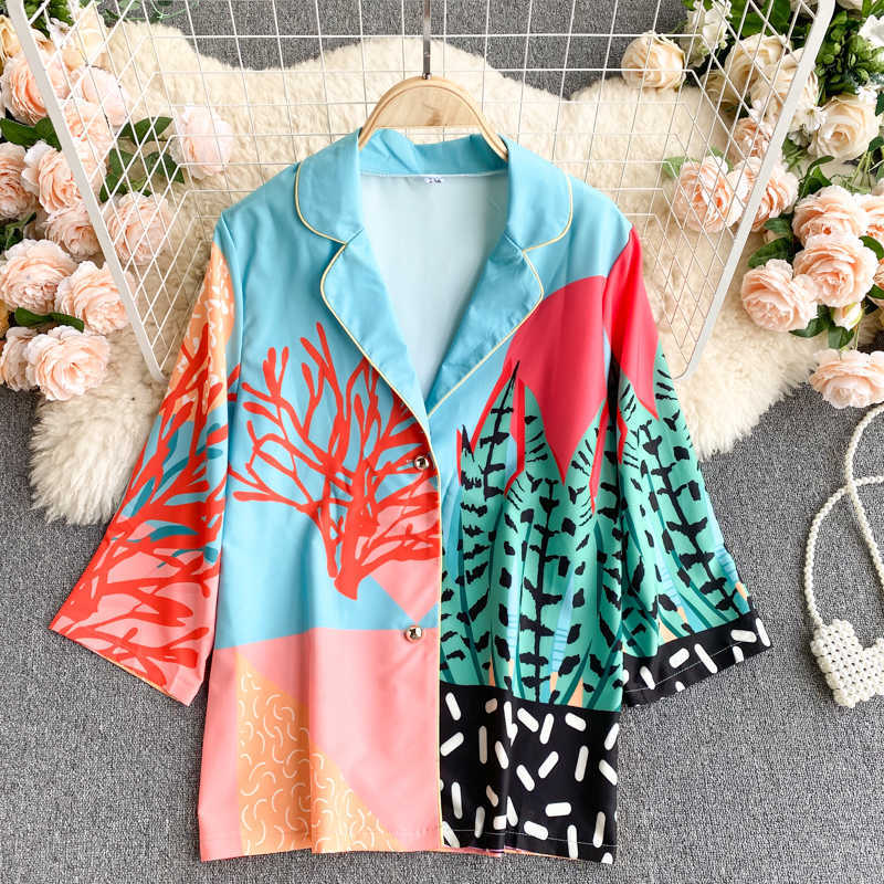 Ins Fashion Suit Women Printing Notched Short Sleeve Shirts +high Waist Shorts Holiday Two-piece Sets Q500 210527