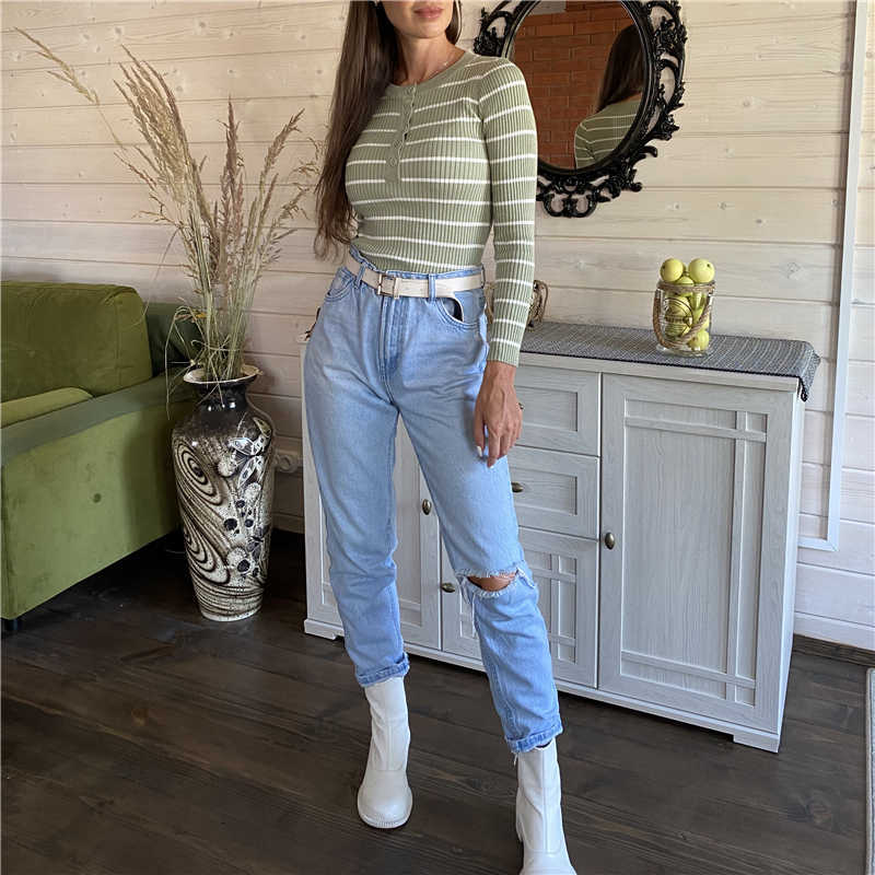 Colorfaith Winter Spring Women Sweater Buttons Knitted Pullovers Striped Casual Fashionable Wild Ladies Tops SW1696 210914