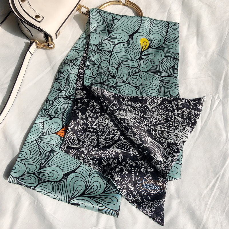 Silk Long Narrow Scarf with Multi-function Striped Flower Printing, High-quality Plain Crepe Satin Double-layer Wild Streamer