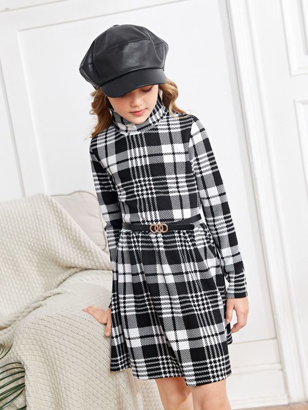 Girls Plaid Print Dress Without Belt SHE