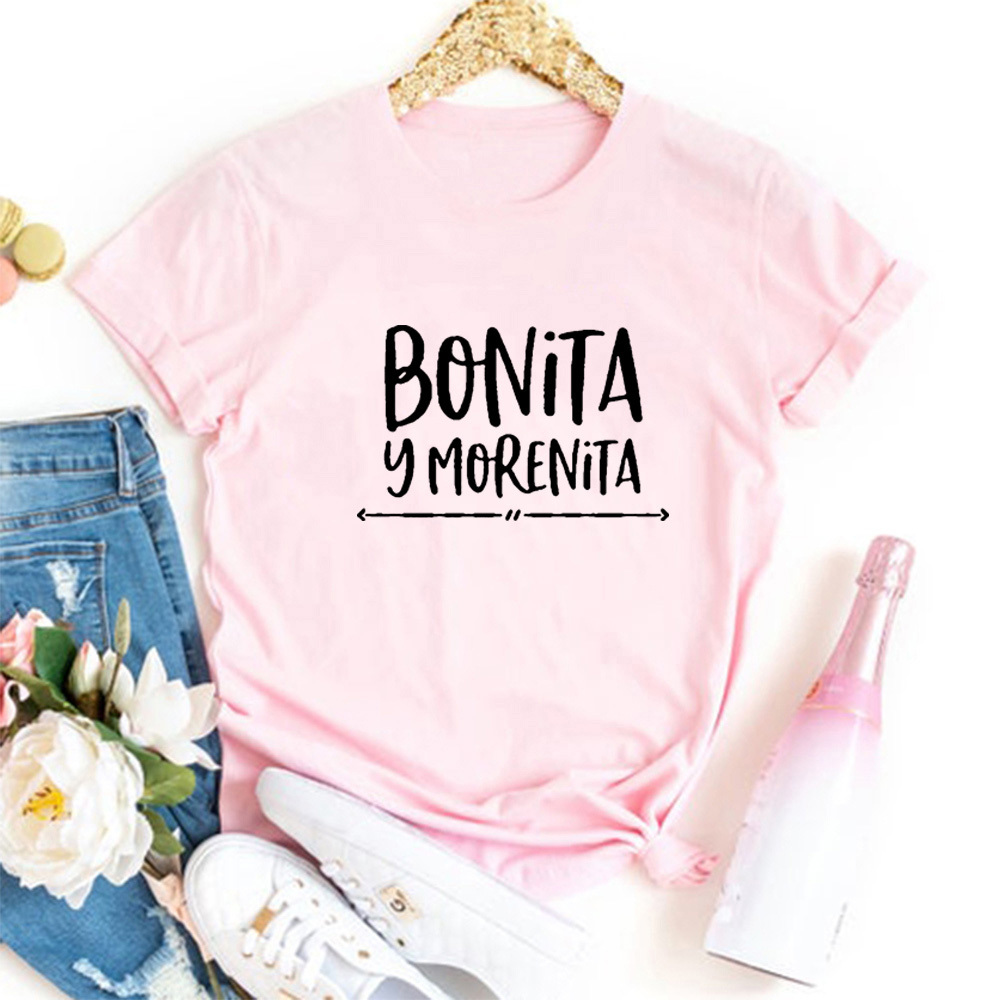 Bonita Y Morenita Summer Funny T shirt Women T-shirt Short Sleeve Tshirt Women Top Cotton Tee Shirt Femme Black Camiseta Mujer 210306