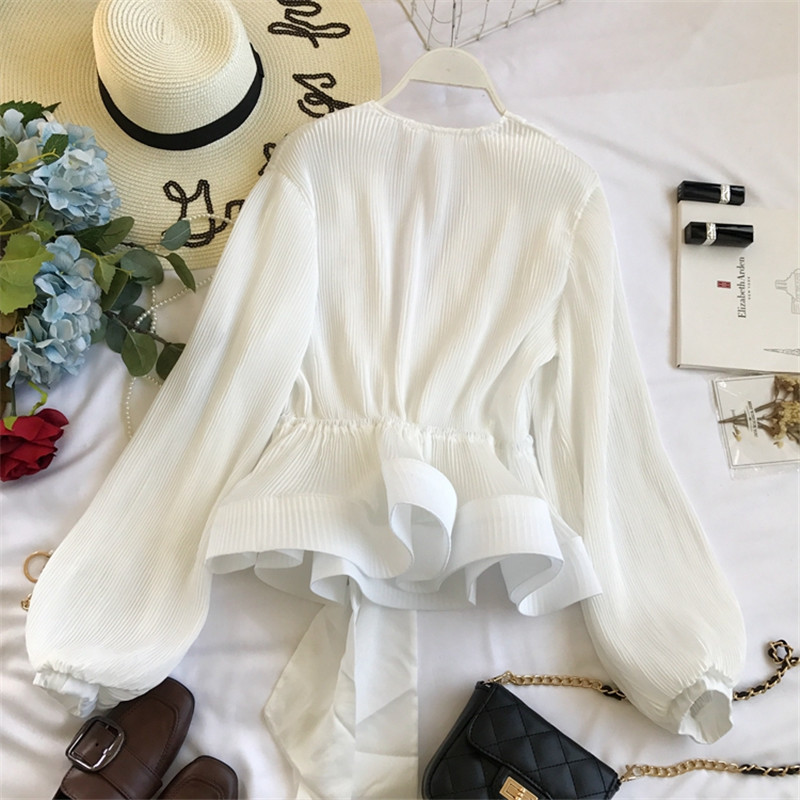 Neploe Ruched Pleated Ruffles Blusa Sashes Vintage Grace Women Blouse Spring Autumn Fashion Elegant V-Neck Shirt 69273 210308