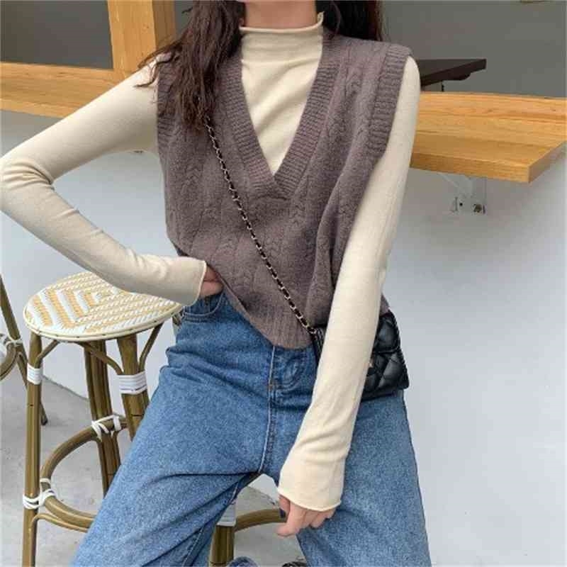 est Short Style V-Neck Twist Pattern Sleeveless Vests Korean Clothes Teen Girls Casual Loose Knitted Veste Sans Manche Femme 210604