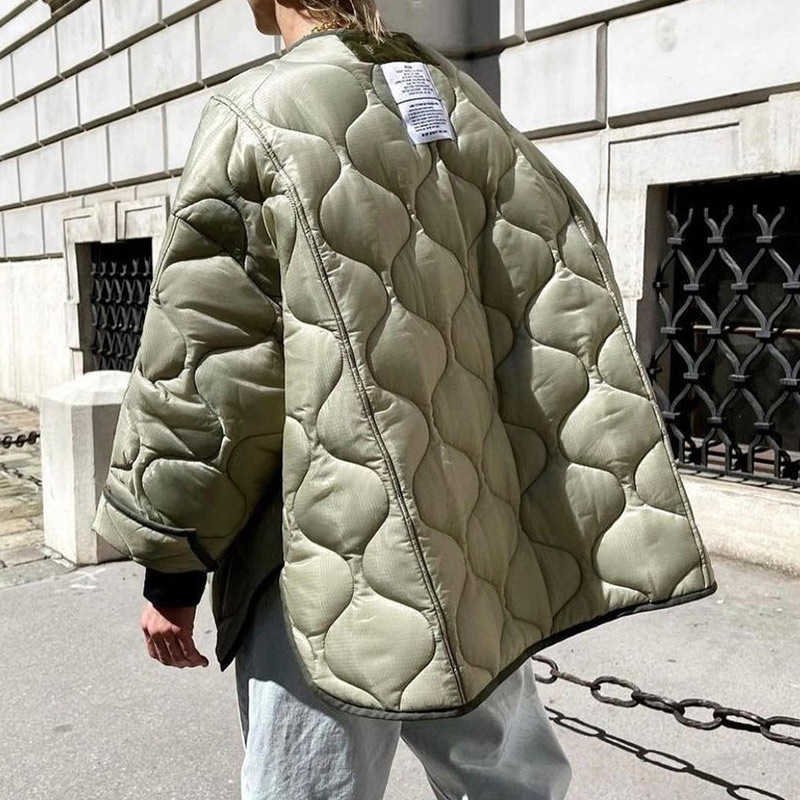 Women Army Green Winter Quilted Parkas Female Casual Long Sleeve Pocket Single Breasted Curved Hem Jacket Coat 211007