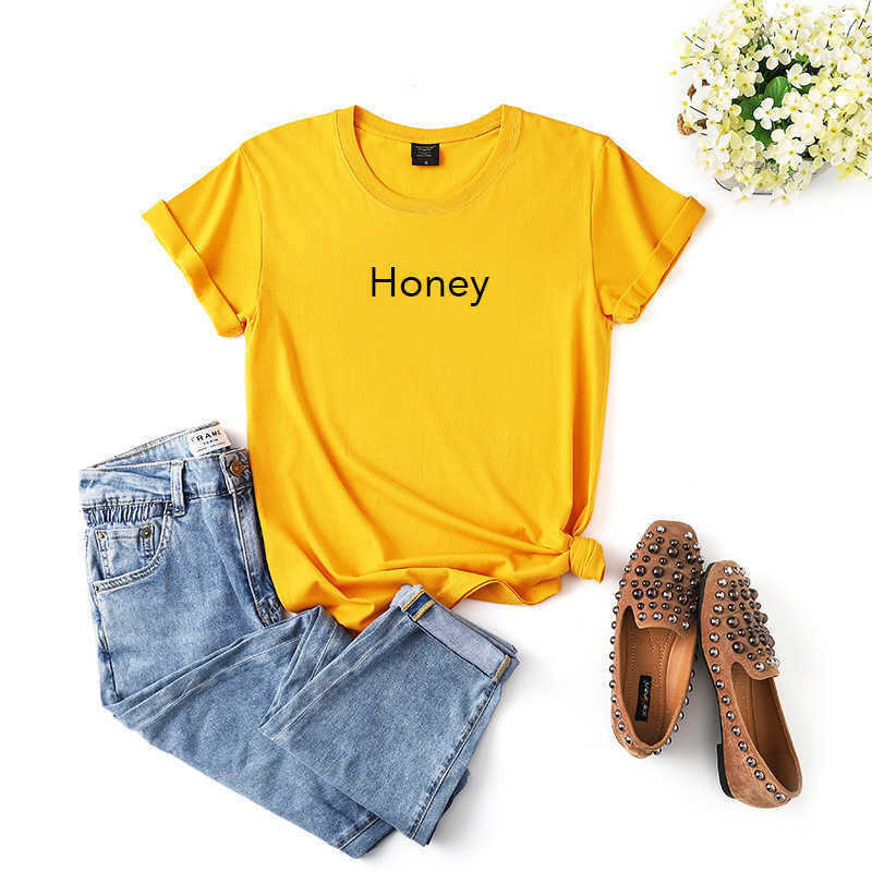 Casual 100% Cotton Women T-Shirt O-Neck Short Sleeve Honey Letter Print Fashion Summer Female Tees W730 210526