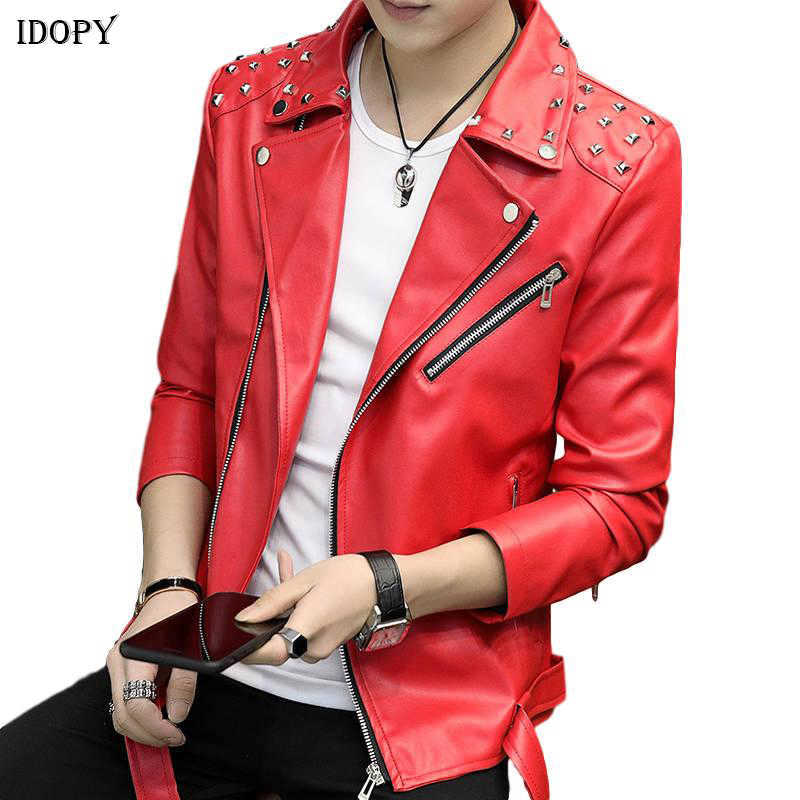 Idopy Men`s Faux Leather Jacket Rivet Studded Slim Fit Multi Zippers Motorcycle Outerwear Jacket and Coat For Male 211018