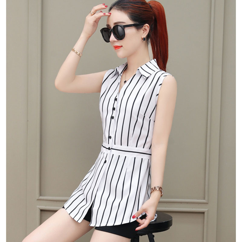 Women Spring Summer Long Style Chiffon Blouses Shirts Lady Casual Sleeveless Striped Turn-down Collar Blusas Tops DF1927 210225
