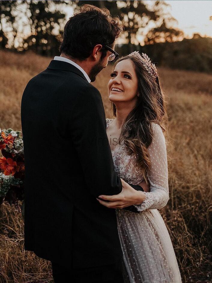 Boho Dresses Long Sleeves Lace Sexy Backless Illusion Sweep Train Country Wedding Gown With Sash Vestido De Novia Beach Bride