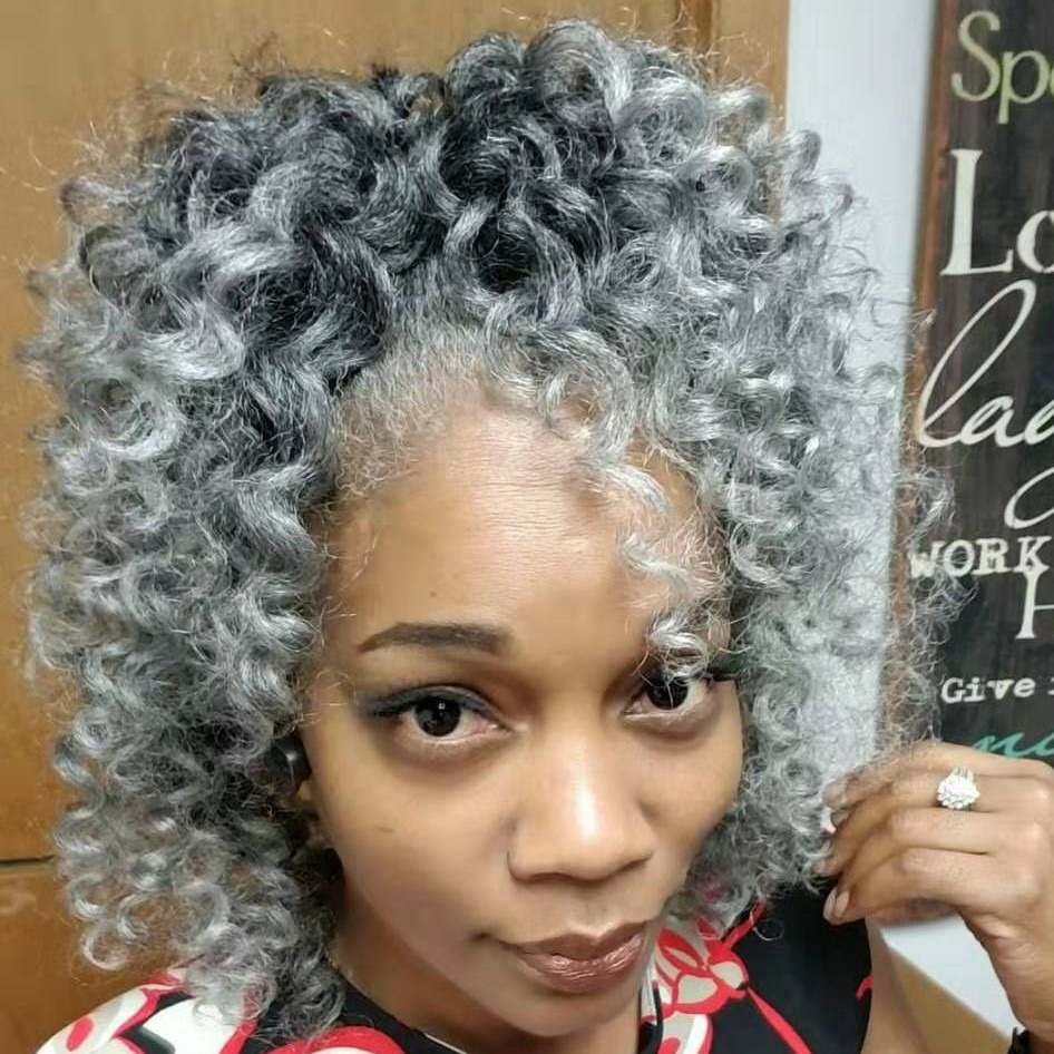Gracefully gray curlies ponytail extension kinky curly drawstring clip in pony tail bun updo chignon salt and pepper grey black hair mixed 120g