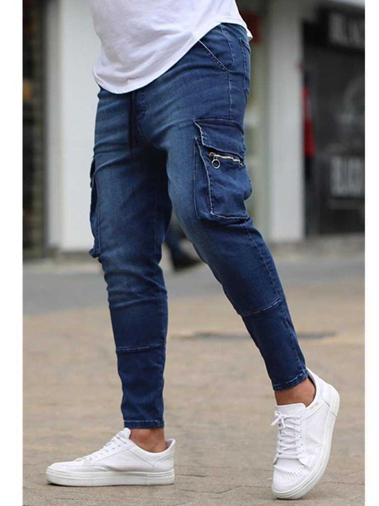 New Style Men's Slim Jeans Zipper Multi-pocket Pencil Pants Jeans Black and Blue High Quality Jogger Brand Elastic Force Jeans X0621