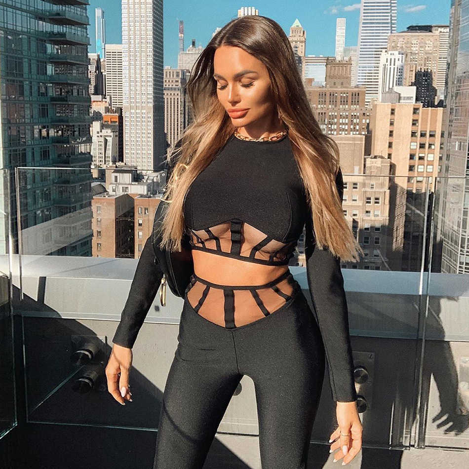 Women Clothing Set Sexy Long Sleeve Mesh Black Bodycon Bandage Two Pieces Party Celebrity Crop Tops Pants 210525
