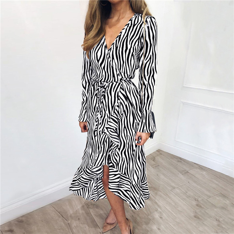 Summer Long Dresses Women Zebra Print Beach Chiffon Dress Casual Long Sleeve V Neck Ruffles Elegant Party Dress Vestidos 210309