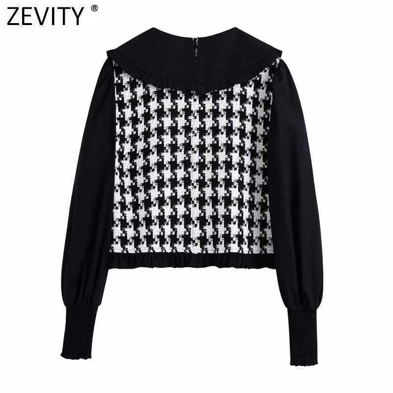 Zevity Women O Neck Puff Sleeve Patchwork Houndstooth Casual Smock Shirts Ladies Roupas Femininas Short Blouses Tops LS7351 210603