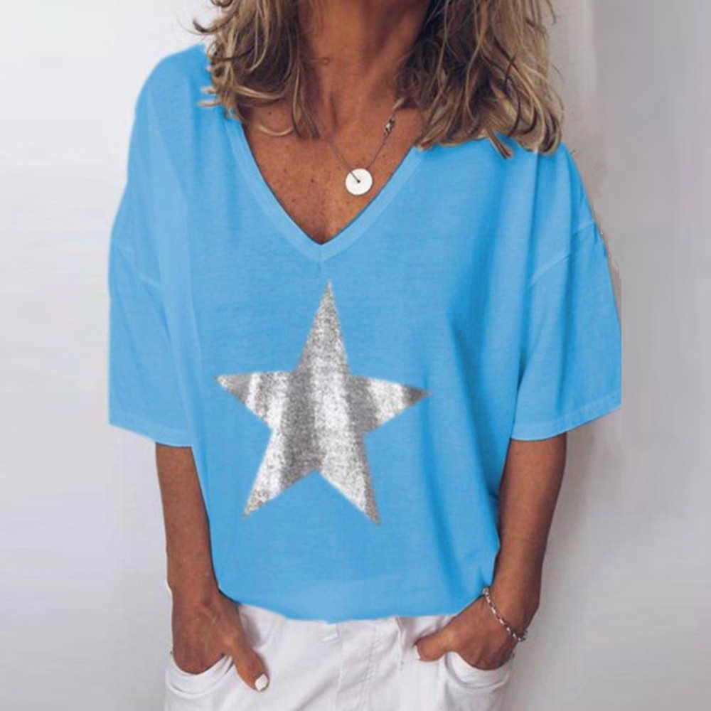 Summer Star Print T-Shirt Women Casual V Neck Short Sleeve Loose White Tee Tops Fashion Solid Color Basic T-Shirts Plus Size 5XL 210526