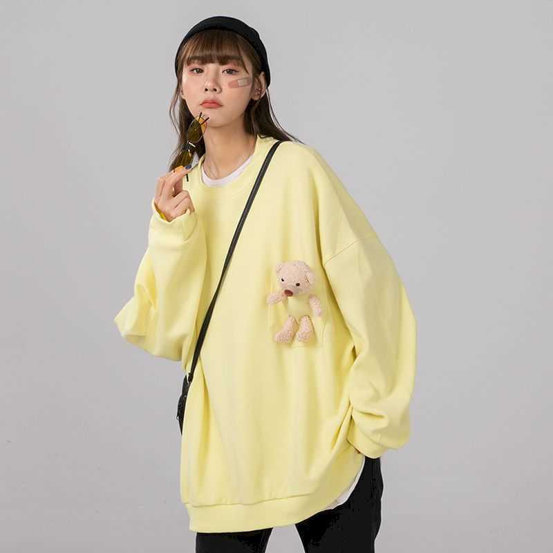 Round neck sweater women's spring and autumn loose salt bear couple hedging student casual long-sleeved top cute 210526