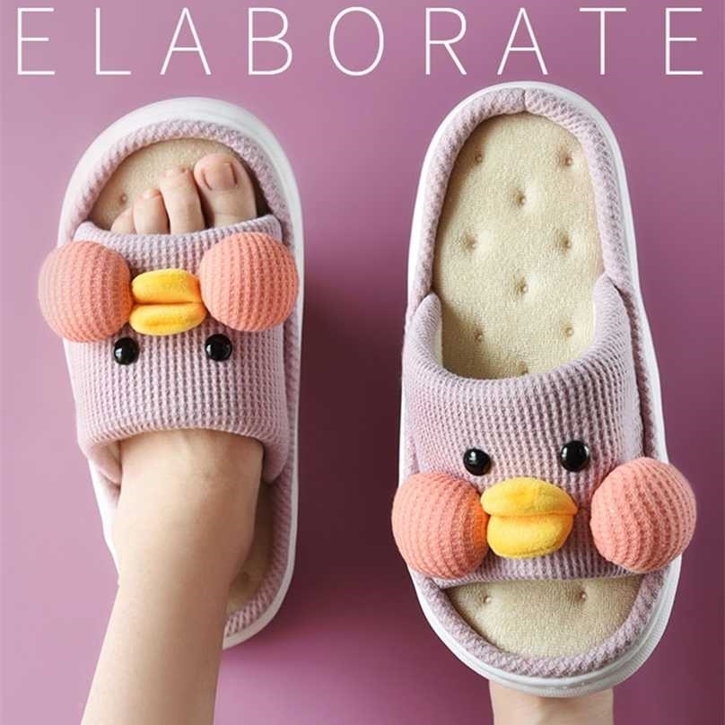 Mo Dou All Season Slippers Lovely Duck Shape Open Toe Indoor Shoe Flip Flops Cotton Men Designer EVA 211110, Beige(hemp)