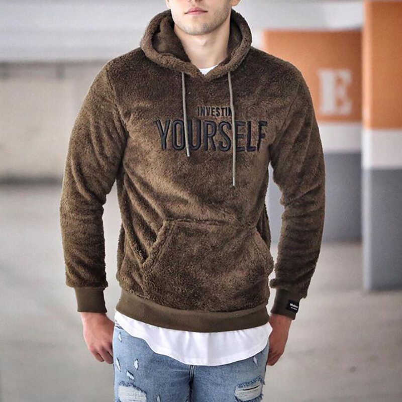 Winter Warm Fleece Hoodie Sweatshirt Men Fashion Embroidery Hooded Tops Autumn Mens Pullover Casual Long Sleeve Hoodies 210927