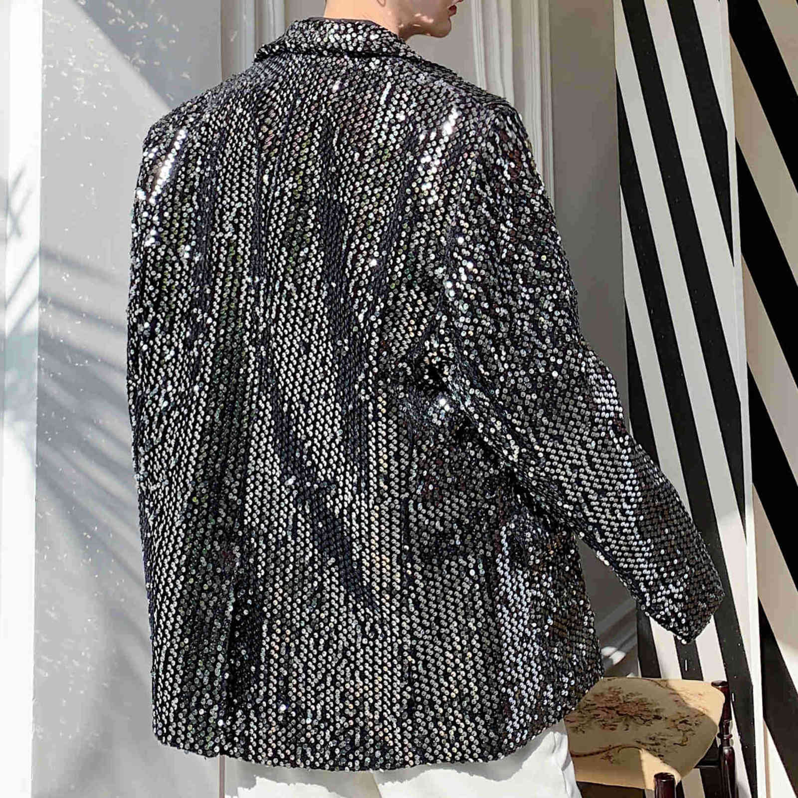 Sequin Blazer Hombre Stage Show Blazer Jacket Outerwear Men Sequins Casual Suit Jacket Overcoat Male Silver Paillette Blazer 211120
