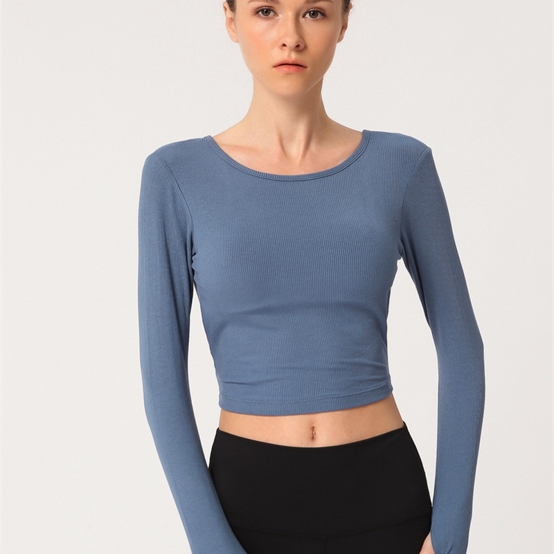 XHERR Women Back Straps Gym Yoga Crop Tops Yoga Shirts Long Sleeve TShirts Rip Stretch Fabric Workout Tops Fitness Yoga Tee T200401