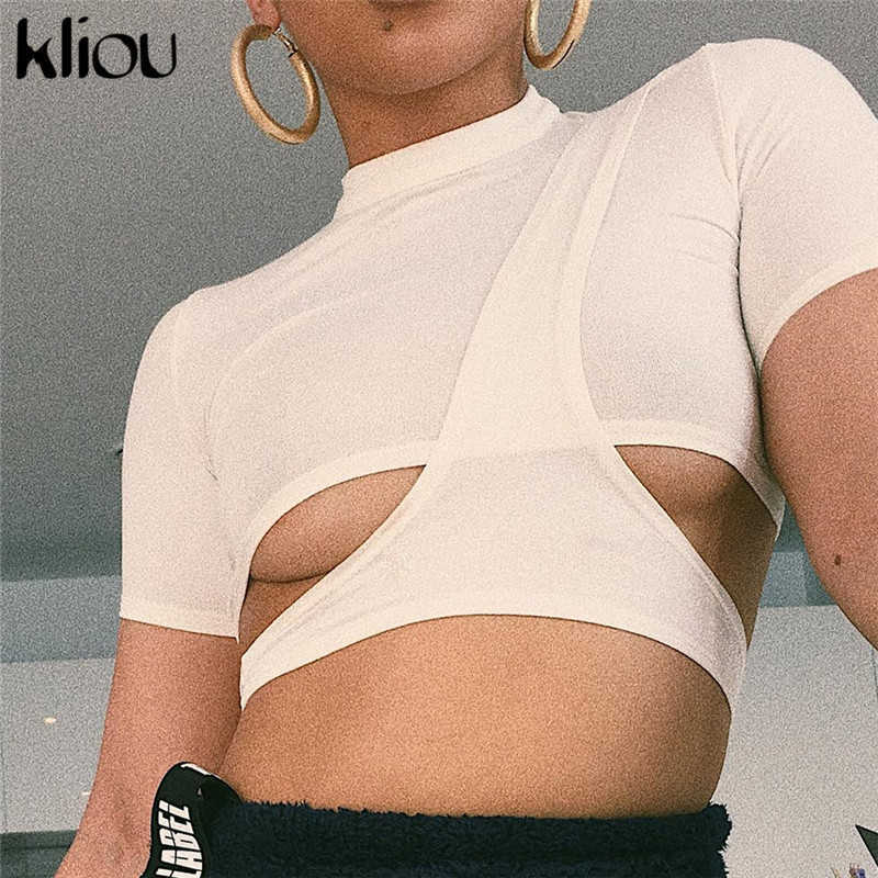 Kliou Classic Sexy Solid Black White O-Neck Short Sleeve T-Shirt Tees Women Strip Hollow Out Casual Crop Tops 210720