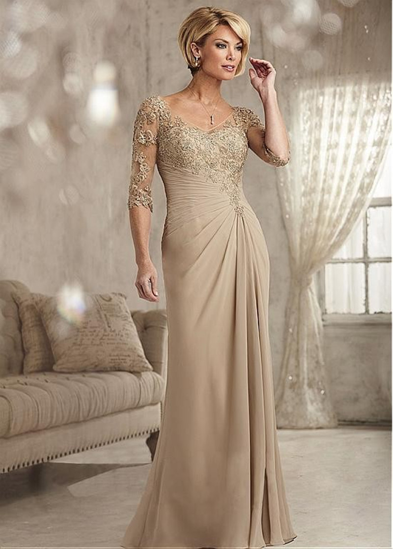 Elegant V Neck Mermaid Long Sleeves Mother Of The Bride Dresses Applique Lace Beaded Chiffon Wedding Party Gowns 2022
