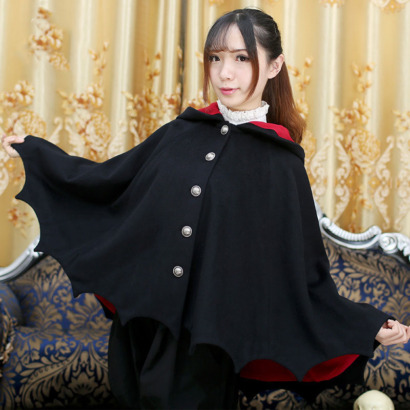 Fleece Poncho Hoodie Cloak Coat Winter Women Halloween Gothic Punk Black Devil Bat Wing Demon Costume Lolita Ouji Hood For Girls 201113
