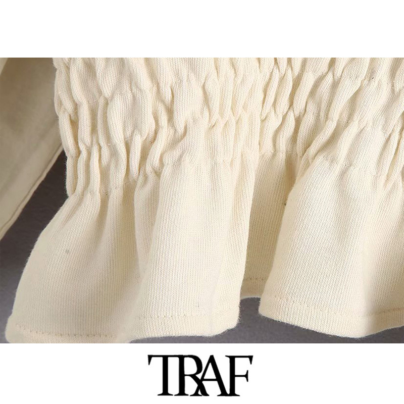 TRAF Women Vintage Stylish Solid Short Style Sweatshirt Fashion O Neck Long Puff Sleeve Elastic Waist Cozy Pullovers Chic Tops T200904