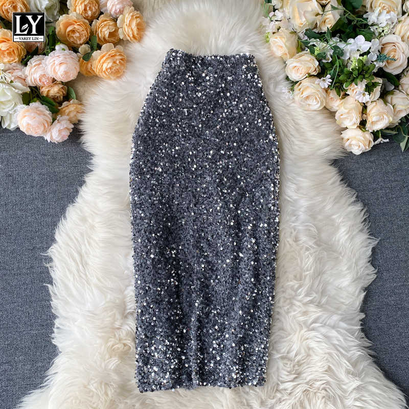 LY VAREY LIN Spring Women Sexy Sequins Pencil Skirts Elegant Mid Length Femme Trend High Waist Slim Shinny Skirt 210526