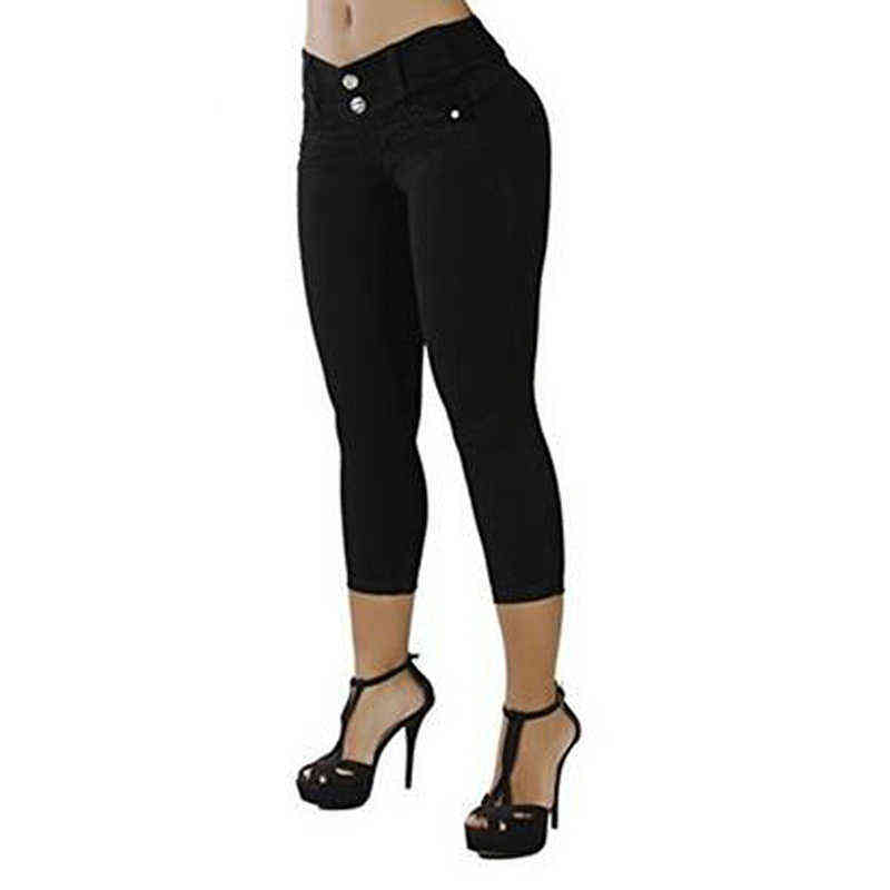 Women Sexy Casual Cropped Pants Solid Color Button Fly Waist Slim Trousers Breathable Elastic Pencil Pants 211111