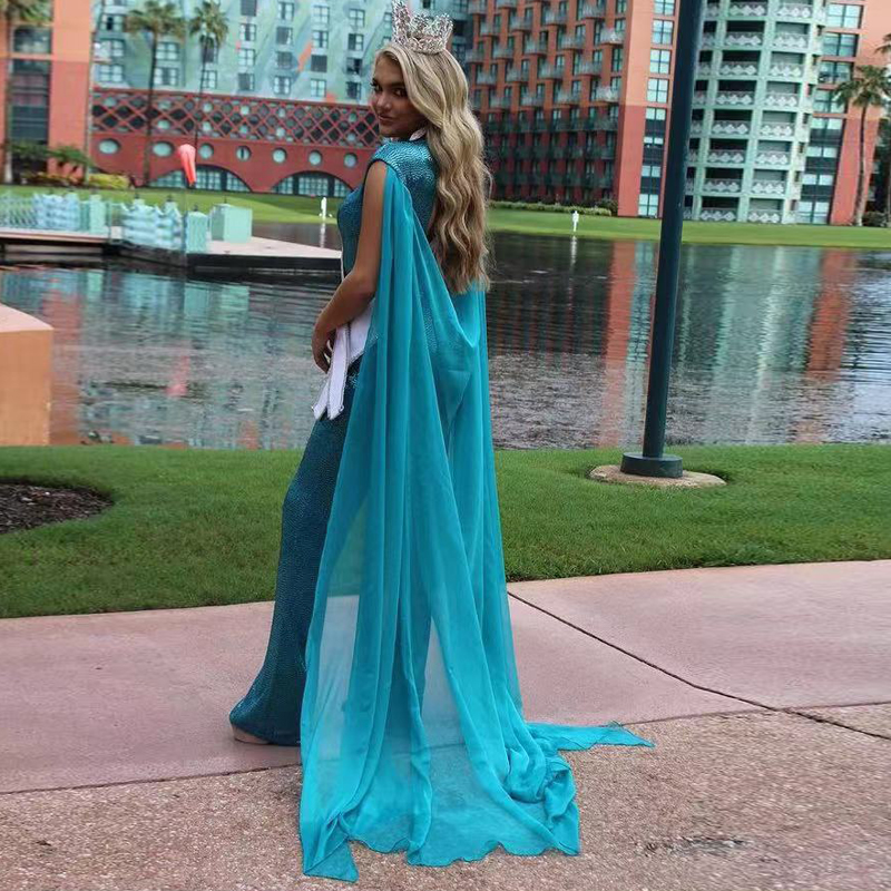 Sparkle Sequin Jumpsuit Evening Dresses 2021 High Neck with Chiffon Cape Pageant Dress Ankle Length Special Occasion Outfit