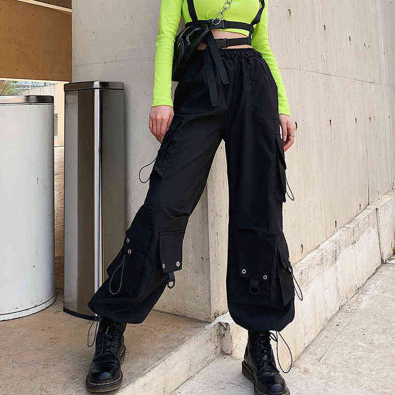 QWEEK Gothic Cargo Pants Women Korean Fashion Spring Harajuku Streetwear Oversized High Waisted Loose Trousers Female Goth 211124