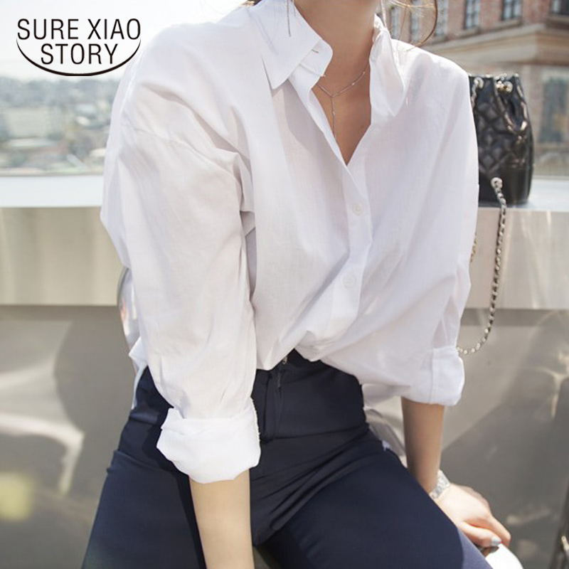 Spring Autumn Turn-down Collar Long Sleeve Blouse Women Office Lady Solid White Shirt Korea Loose Cardigan Clothing Blusas 11274 210225