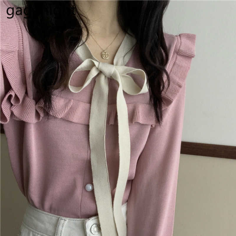 Elegant Korean Knited Women Sweater Chic Butterfly Sleeve VNeck Pullovers Fashion Bow Office Lady Winter Tops 210601