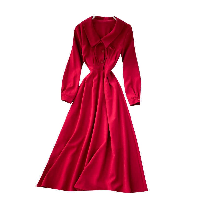 Lady Fashion Autumn A-line Dress Women Lapel Long Sleeve High Waist Thin Elegant Clothes Vestidos De Mujer P877 210527