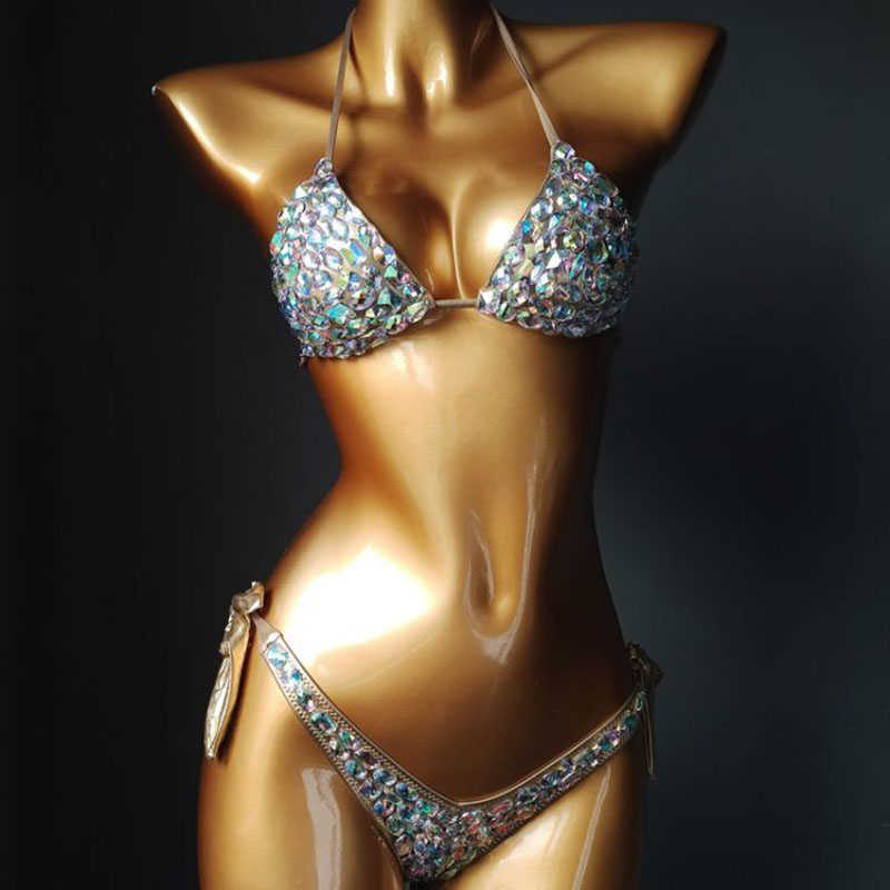 vacation style diamond bikini set bandage open swimwear push up bling stones swimsuit sexy women swim 210630