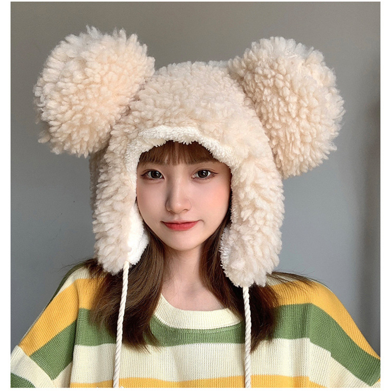 Women Winter Thicken Plush Furry Warm Ear flap Hat Cute Bear Ears Windproof Animal Beanie Cap with drawstring