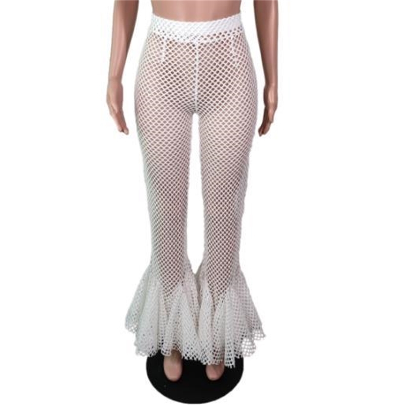 BKLD New Women Cover Up Mesh Sheer Pants Ruffle Flare Pants High Waist Trousers Fishnet See Through Pants Beach Party Clubwear T200608