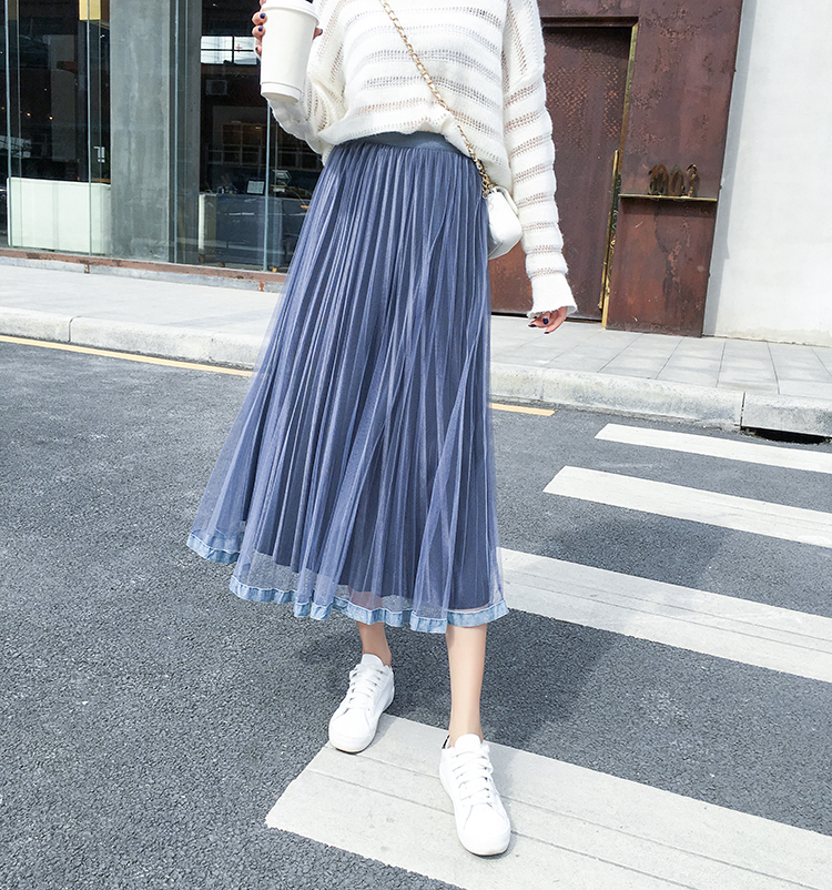 Zoki Women Tulle Skirt Fashion Velvet Mesh Spring Korean Elastic High Wasit Long Skirt Elegant Chic Ladies Party Faldas 210306