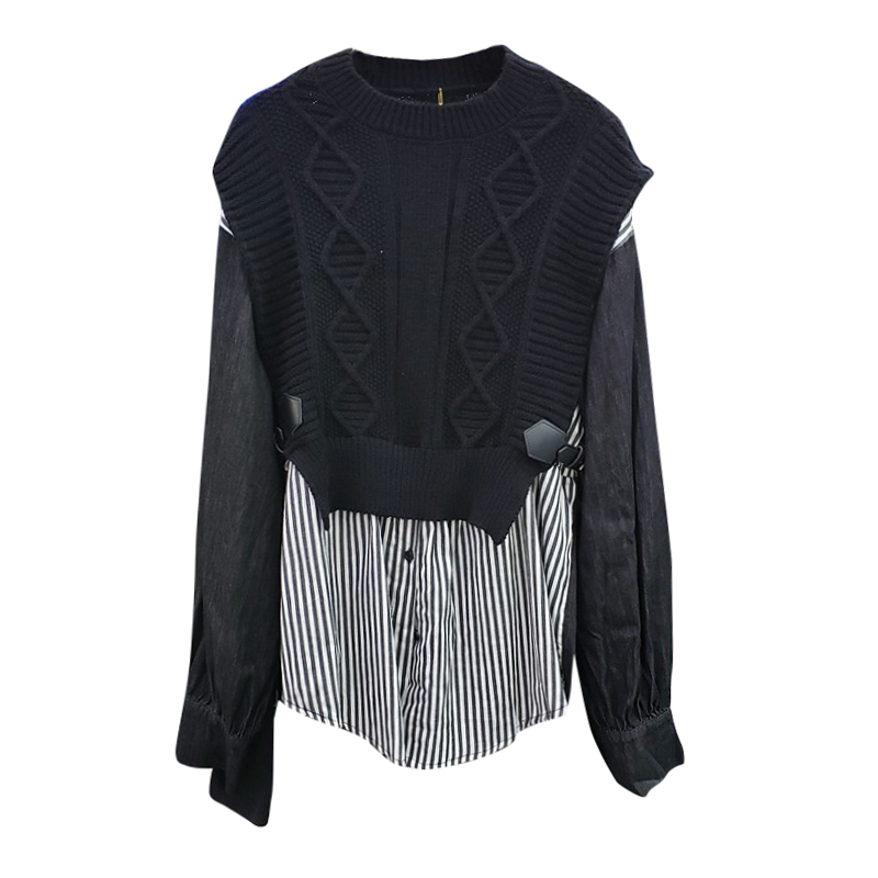 GALCAUR Patchwork Striped Shirt For Women O Neck Long Sleeve Hit Color Oversized Loose High Street Blouses Female Clothing 210308